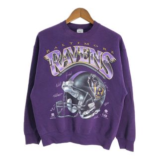 90年代 USA製 FRUIT OF THE LOOM フルーツオブザルーム NFL ボルティモア・レイブンズ グラフィックプリント スウェット パープル (メンズ L) 中古 古着 R3452(スウェット)