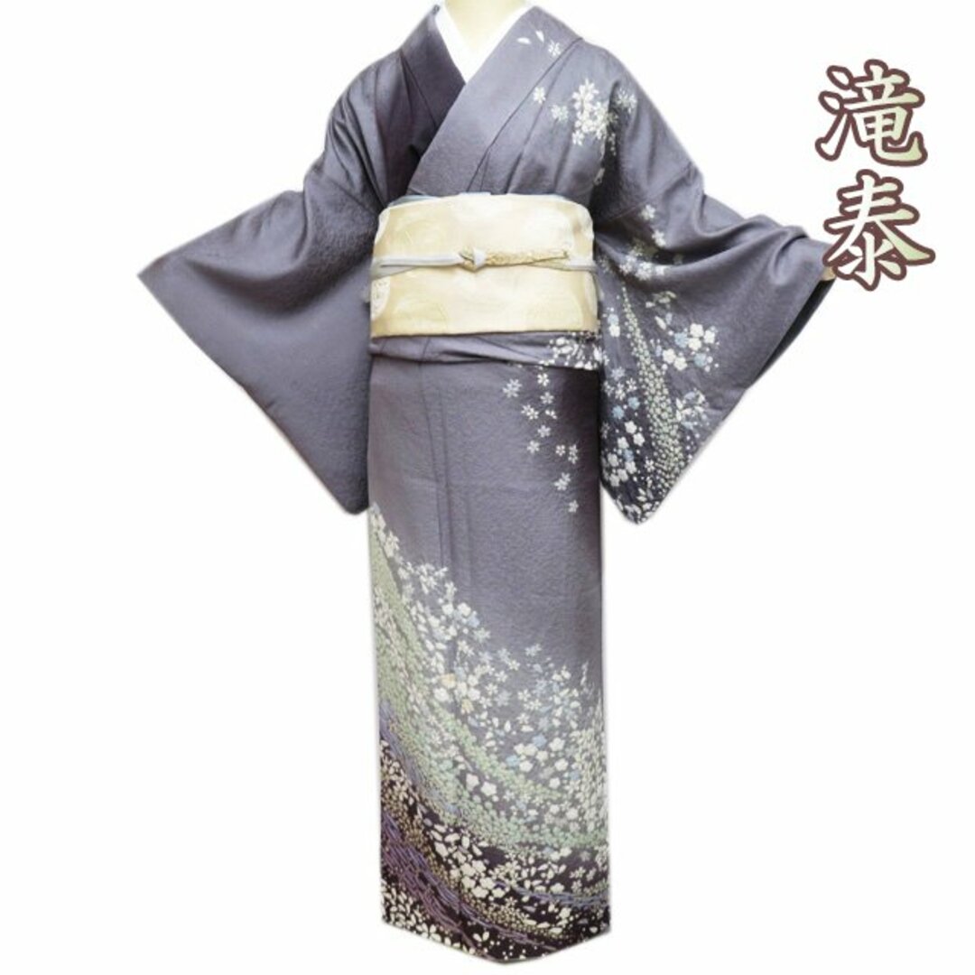 特選 訪問着 着物 中古 正絹 袷 滝泰 落款 絞り 銀通し 鼠色 黒 特選 訪問着 着物 中古 正絹 袷 滝泰 落款 絞り 銀通し 鼠色 黒