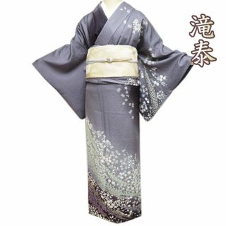 特選 訪問着 着物 中古 正絹 袷 滝泰 落款 絞り 銀通し 鼠色 黒 特選 訪問着 着物 中古 正絹 袷 滝泰 落款 絞り 銀通し 鼠色 黒