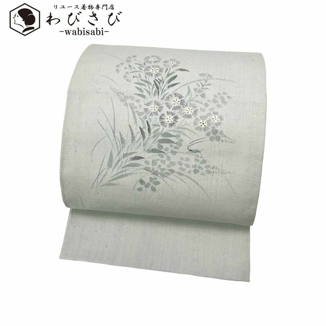 袋帯 手描き 秋花草模様に鈴虫 紬 灰色 長尺 O-3960 袋帯 手描き 秋花草模様に鈴虫 紬 灰色 長尺 O-3960