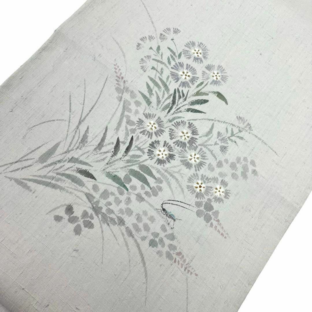 袋帯 手描き 秋花草模様に鈴虫 紬 灰色 長尺 O-3960 袋帯 手描き 秋花草模様に鈴虫 紬 灰色 長尺 O-3960