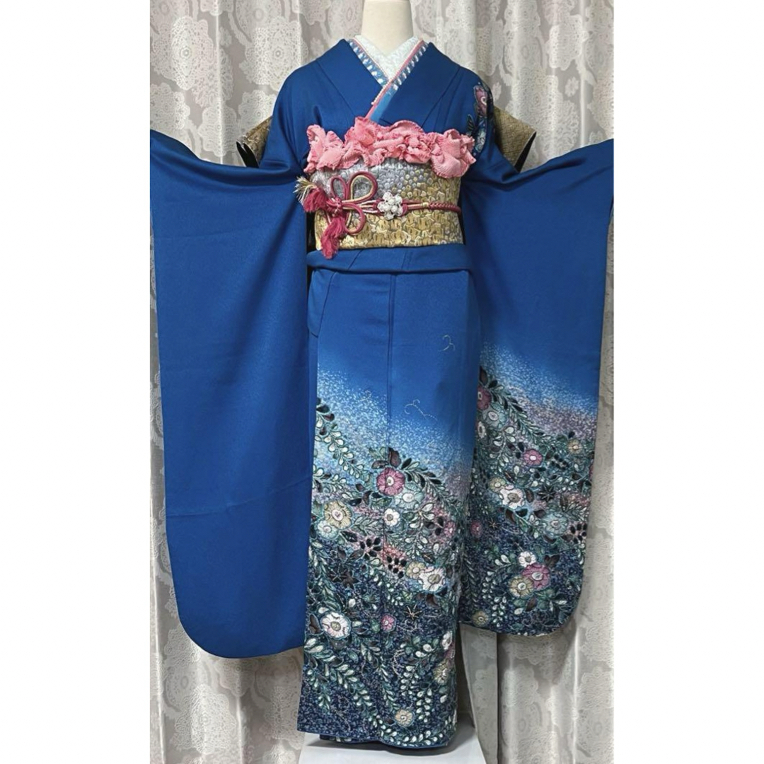 落款入り 辻ヶ花 正絹 高級振袖 青 ブルー 絞り 成人式 花柄 帯 落款入り 辻ヶ花 正絹 高級振袖 青 ブルー 絞り 成人式 花柄 帯