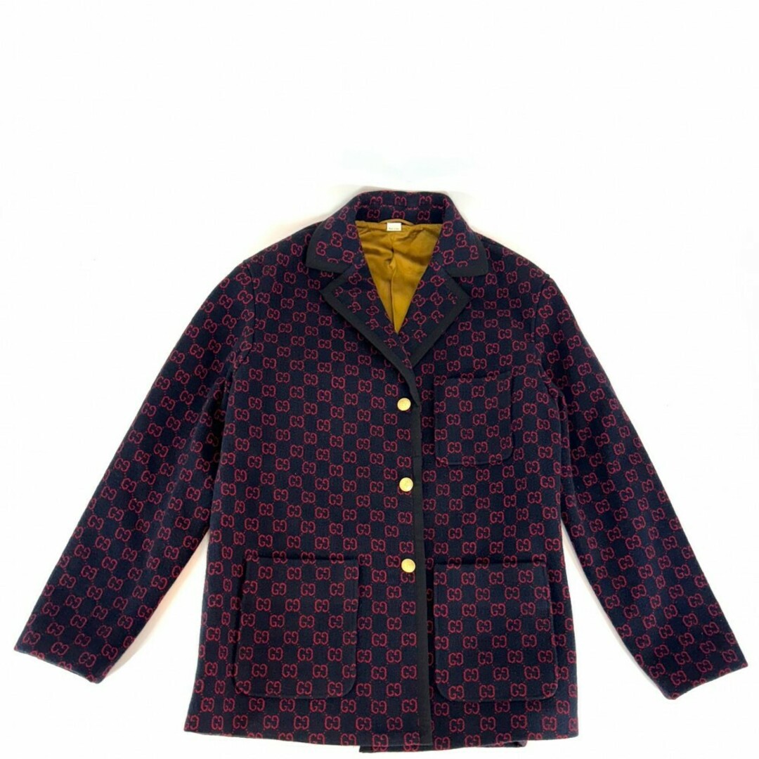 GUCCI - GUCCI グッチ ピーコート GGジャガード チェスターコート アウター アパレル 服 46 597911 ネイビー 紺 レッド 赤 ゴールド金具 ウール  ナイロン   メンズ 春 秋【中古品】