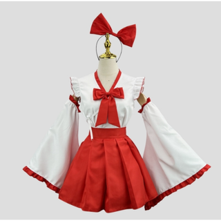 巫女風 メイド服 コスチューム セット（レッド＆ホワイト） N04#(衣装一式)