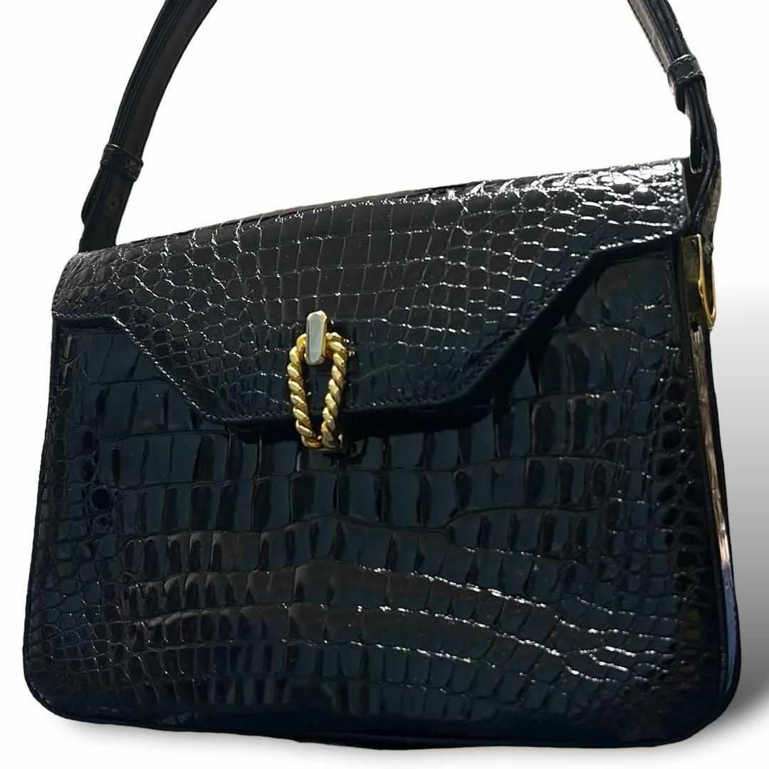 美品 OLOP クロコダイル シャイニング ショルダーバッグ 肩掛け 黒 美品 OLOP クロコダイル シャイニング ショルダーバッグ 肩掛け 黒