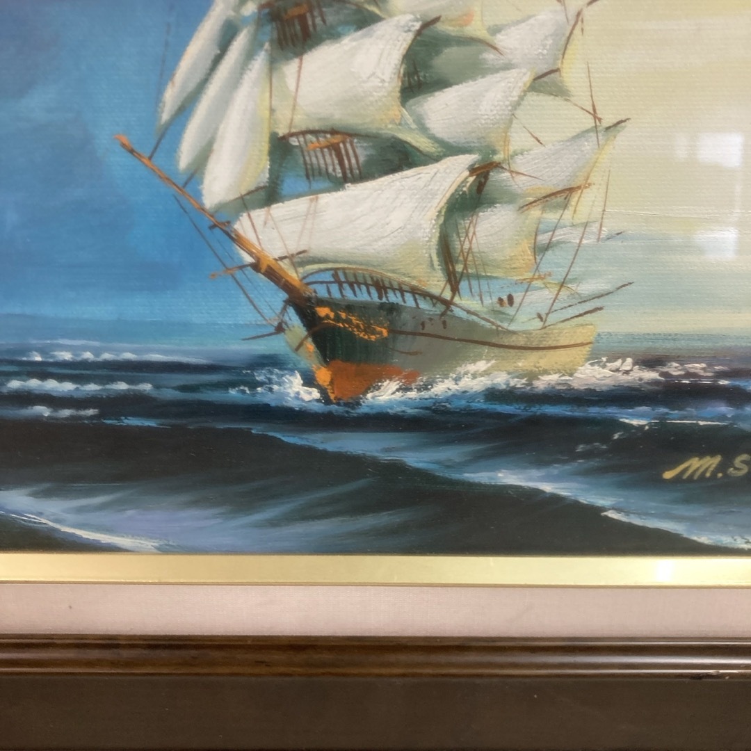 額装 油彩 油絵 帆船 順風満帆 絵画 m.sugiyama 杉山稔 額装 油彩 油絵 帆船 順風満帆 絵画 m.sugiyama 杉山稔