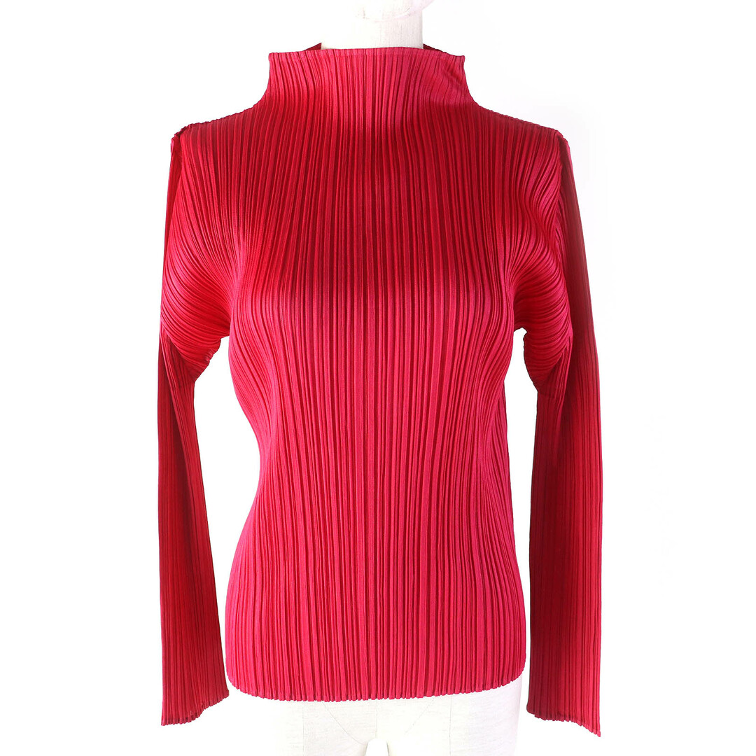 極美品△PLEATS PLEASE プリーツプリーズ イッセイミヤケ PP93-JJ163 ハイネック 長袖 トップス カットソー レッドピンク系 3 日本製 正規品 レディース オススメ◎