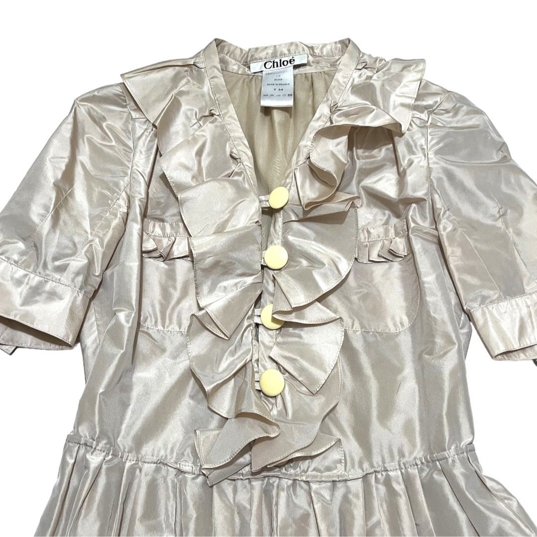 シルク100%極美品 クロエ フリルワンピース シャンパンゴールド シルク100%極美品 クロエ フリルワンピース シャンパンゴールド