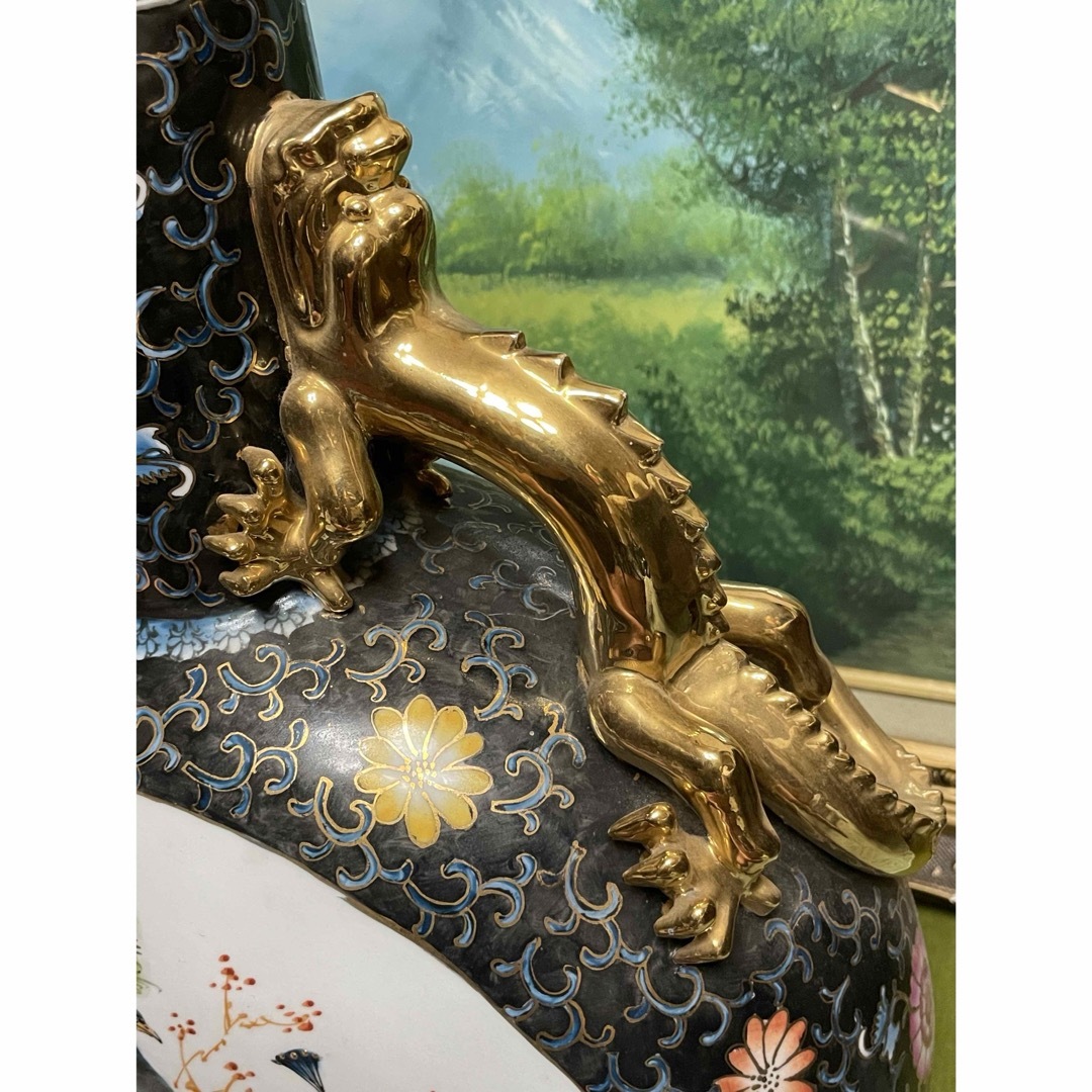 中国古美術 陶器製 金彩 孔雀 花柄 龍持ち手 大型 花瓶 ボトル型 中国古美術 陶器製 金彩 孔雀 花柄 龍持ち手 大型 花瓶 ボトル型