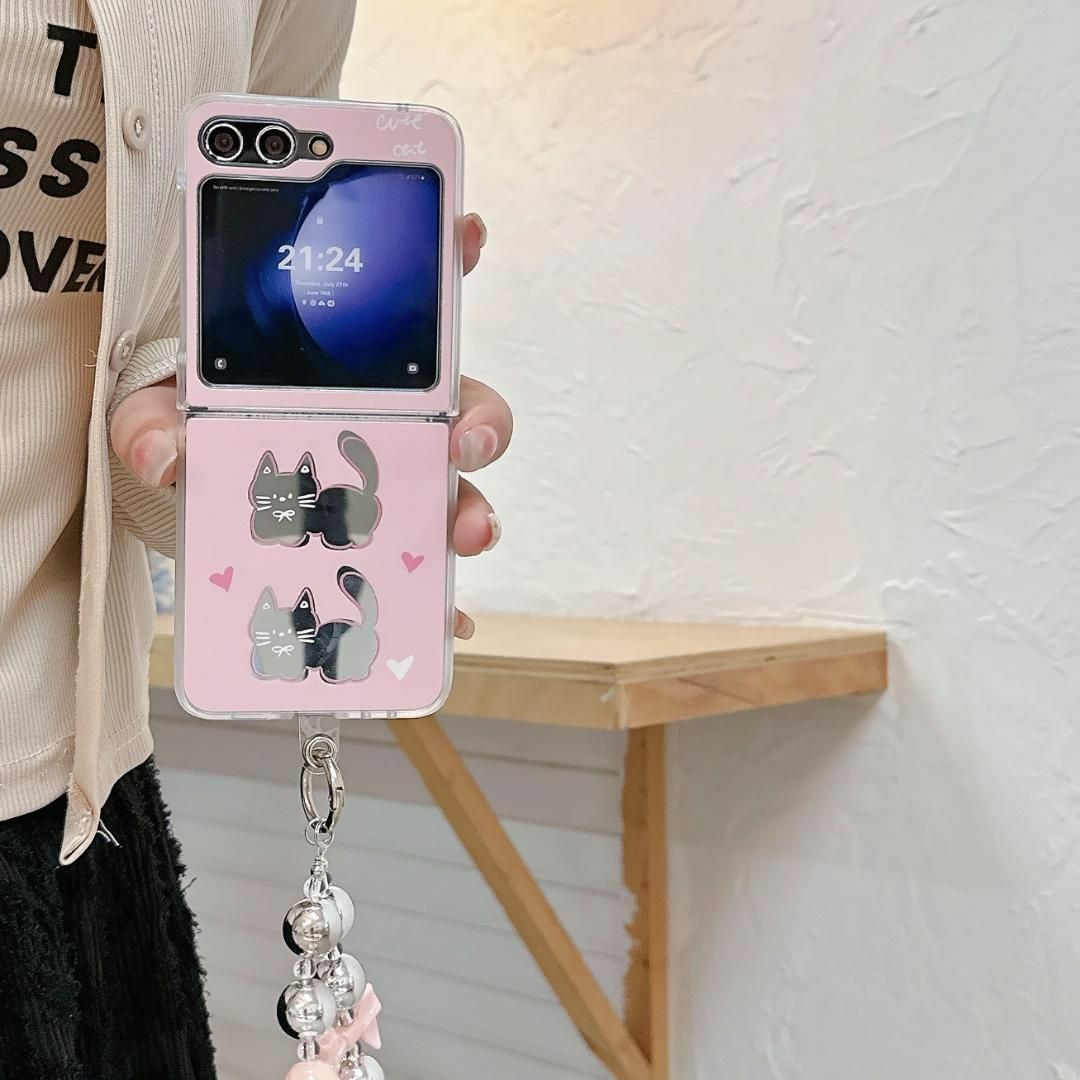 Galaxy Z Flip5 ケース ねこ ピンク カバー 韓国 ストラップの Galaxy Z Flip5 ケース ねこ ピンク カバー 韓国 ストラップの