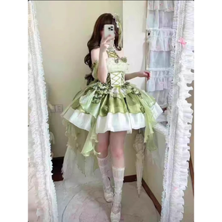 山茶契約 プリンセス 花嫁 ロリータワンピース グリーン　L241＃(ミニワンピース)