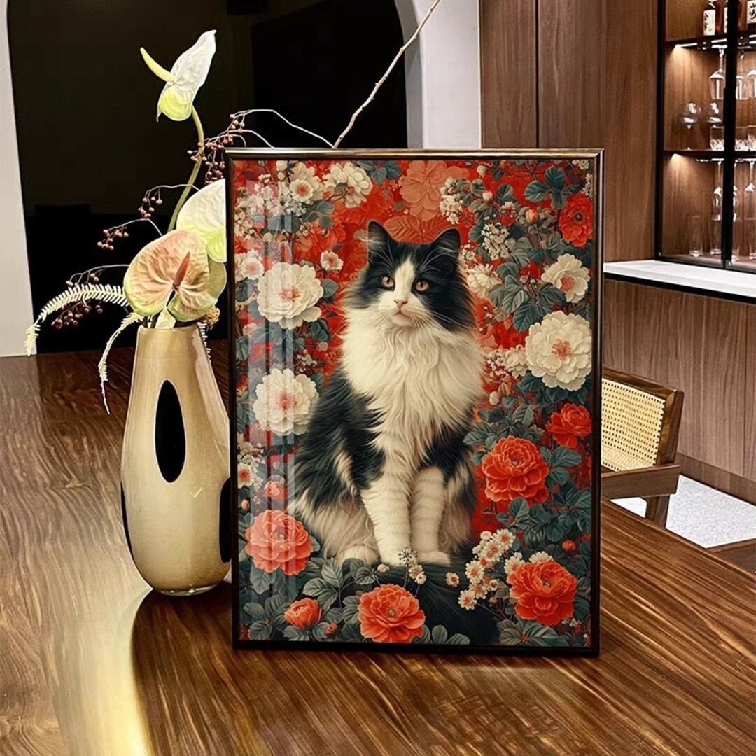 クロスステッチキット 薔薇と高貴な猫 (11CT、図案印刷あり)