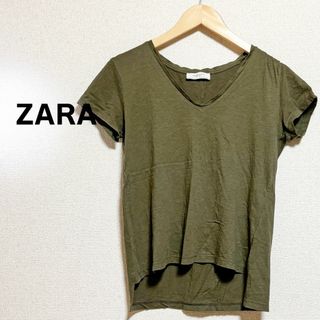 ザラ(ZARA)のZARA　ザラ　オーガニック　コットン　カットソー　半袖　薄手　Vネック　カーキ(カットソー(半袖/袖なし))