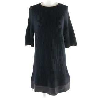 モンクレール(MONCLER)の美品★MONCLER モンクレール ウール カシミヤ混 レザー使い リブ編み 半袖 ニットワンピース ブラック S イタリア製 正規品 レディース(ひざ丈ワンピース)