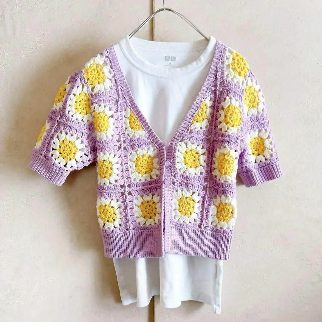 ZARA - 豪華✨手編み ZARA 総刺繍 Vネック カーディガン 半袖 花 ZARA - 豪華✨手編み ZARA 総刺繍 Vネック カーディガン 半袖 花