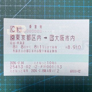 8/11まで　東京ー新大阪変更可能自由席チケット(鉄道乗車券)