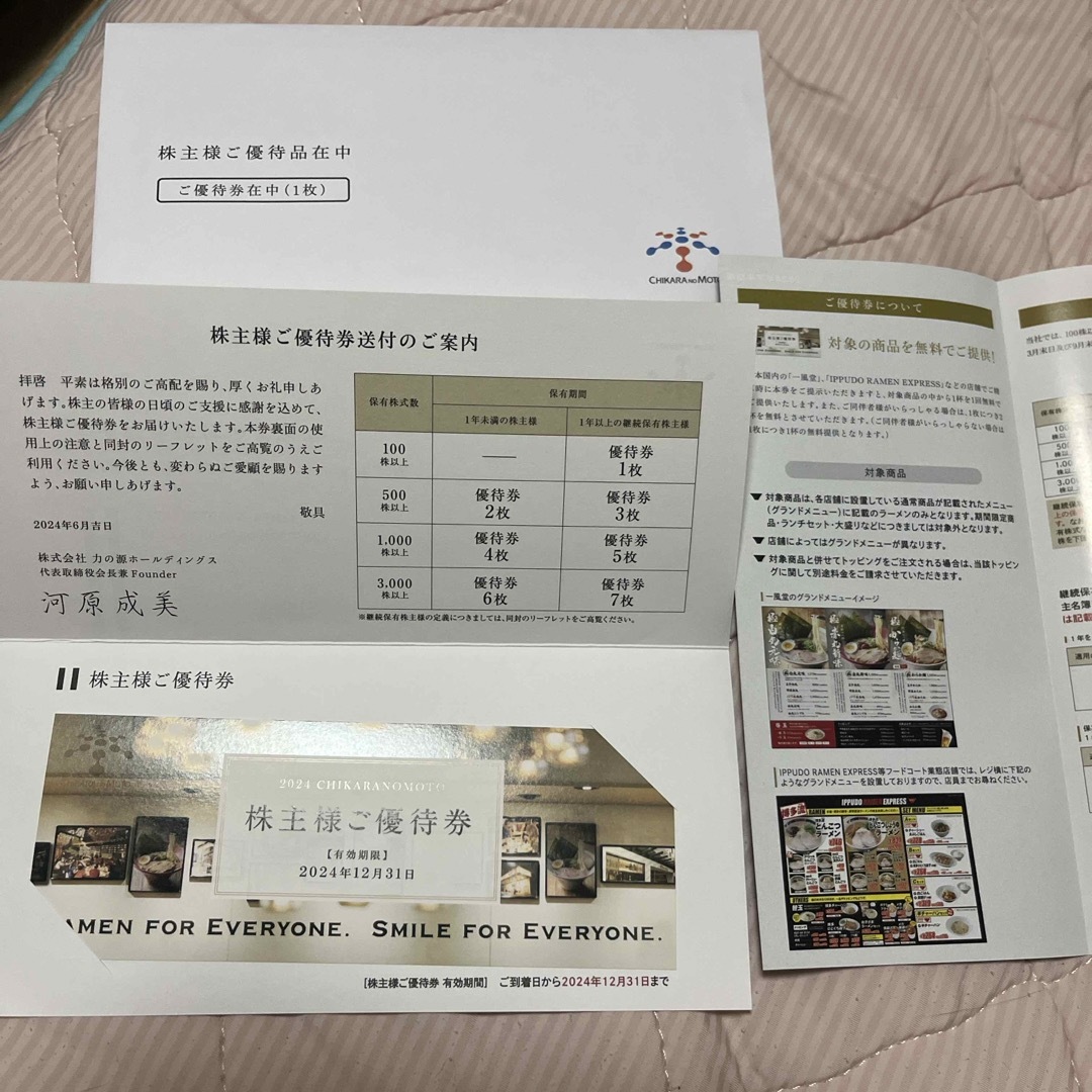 匿名配送 株主優待券 力の源 一風堂 1枚 チケットの優待券/割引券(フード/ドリンク券)の商品写真
