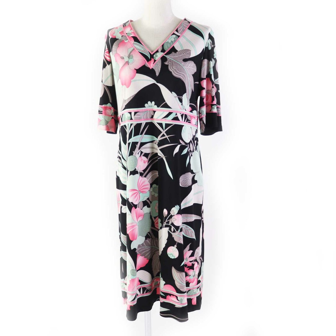 極美品◎LEONARD FASHION レオナール ファッション 0150506 フラワープリント 半袖 ワンピース マルチ LL 日本製 正規品 レディース
