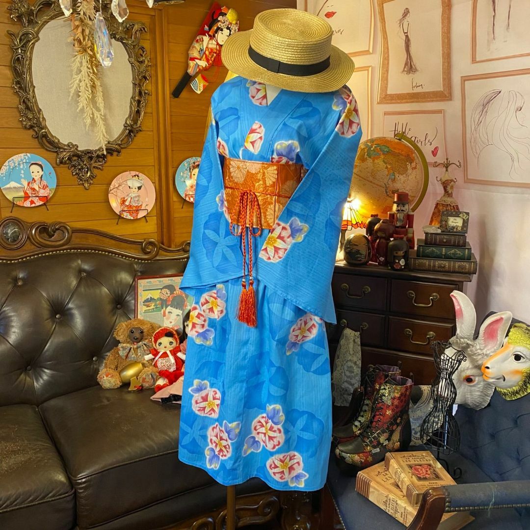 和洋折衷 浴衣 リメイク ワンピース ドレス 名古屋帯サッシュベルト  可愛い朝顔×水色/ライトブルー系 W-457 レディースの水着/浴衣(浴衣)の商品写真