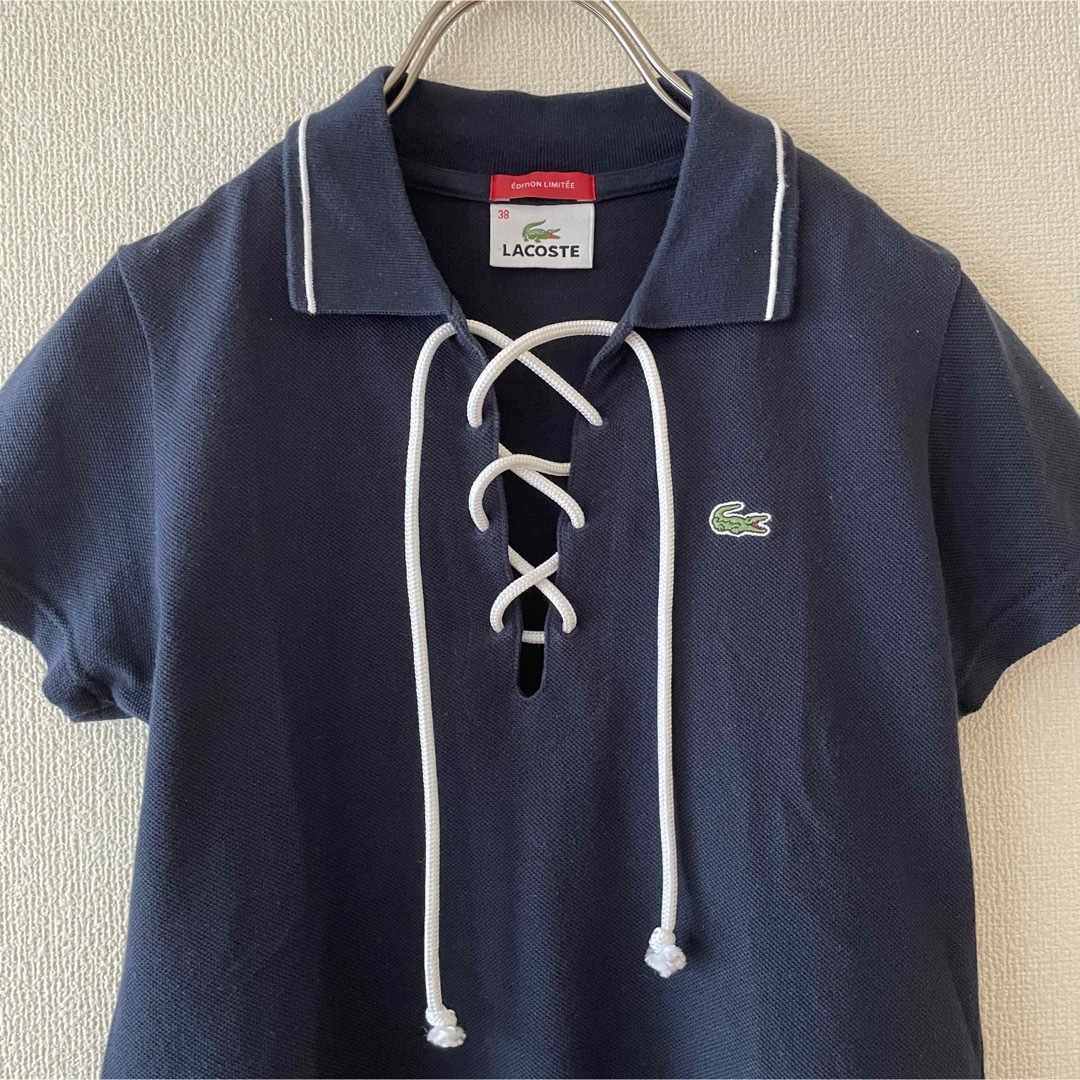 LACOSTE - ラコステ 紐あみポロシャツ 小さいサイズ 38 ネイビー LACOSTE - ラコステ 紐あみポロシャツ 小さいサイズ 38 ネイビー
