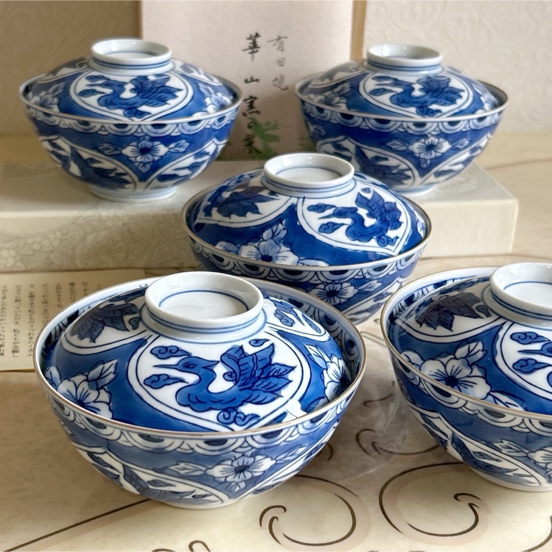 有田焼 - 有田焼 華山窯 手描き 染付花鳥 蓋付き飯碗揃 5客 有田焼 - 有田焼 華山窯 手描き 染付花鳥 蓋付き飯碗揃 5客