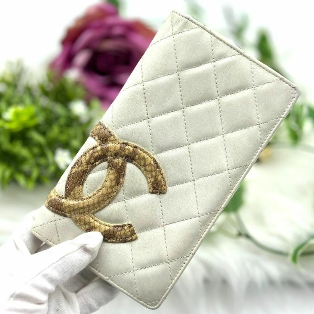 美品】シャネル カンボンライン パイソン 二つ折り長財布 美品】シャネル カンボンライン パイソン 二つ折り長財布