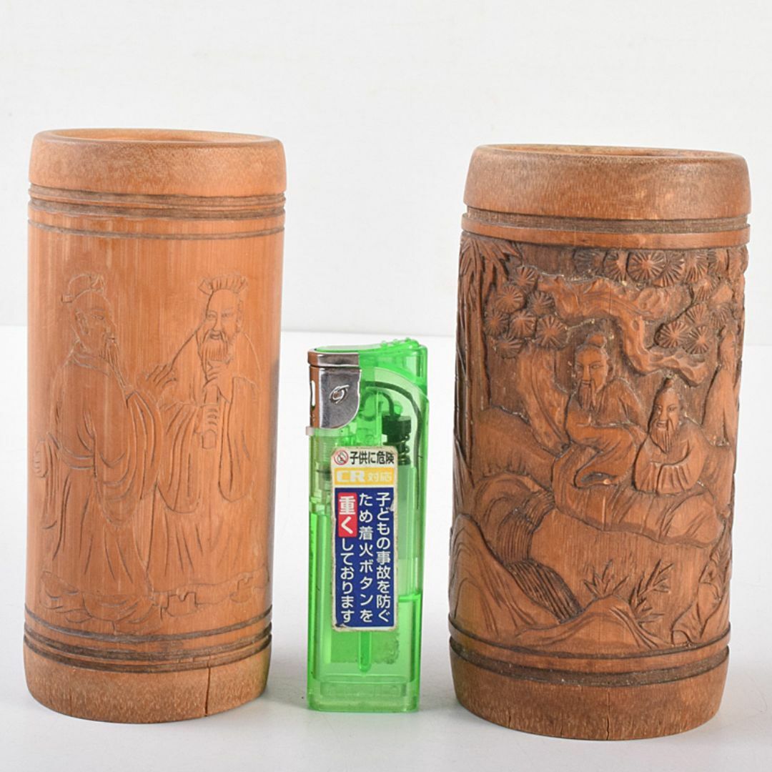 超人気新品 中国 古竹彫刻 山水人物文 螺鈿花文など 筆筒 六点まとめて M 工芸品