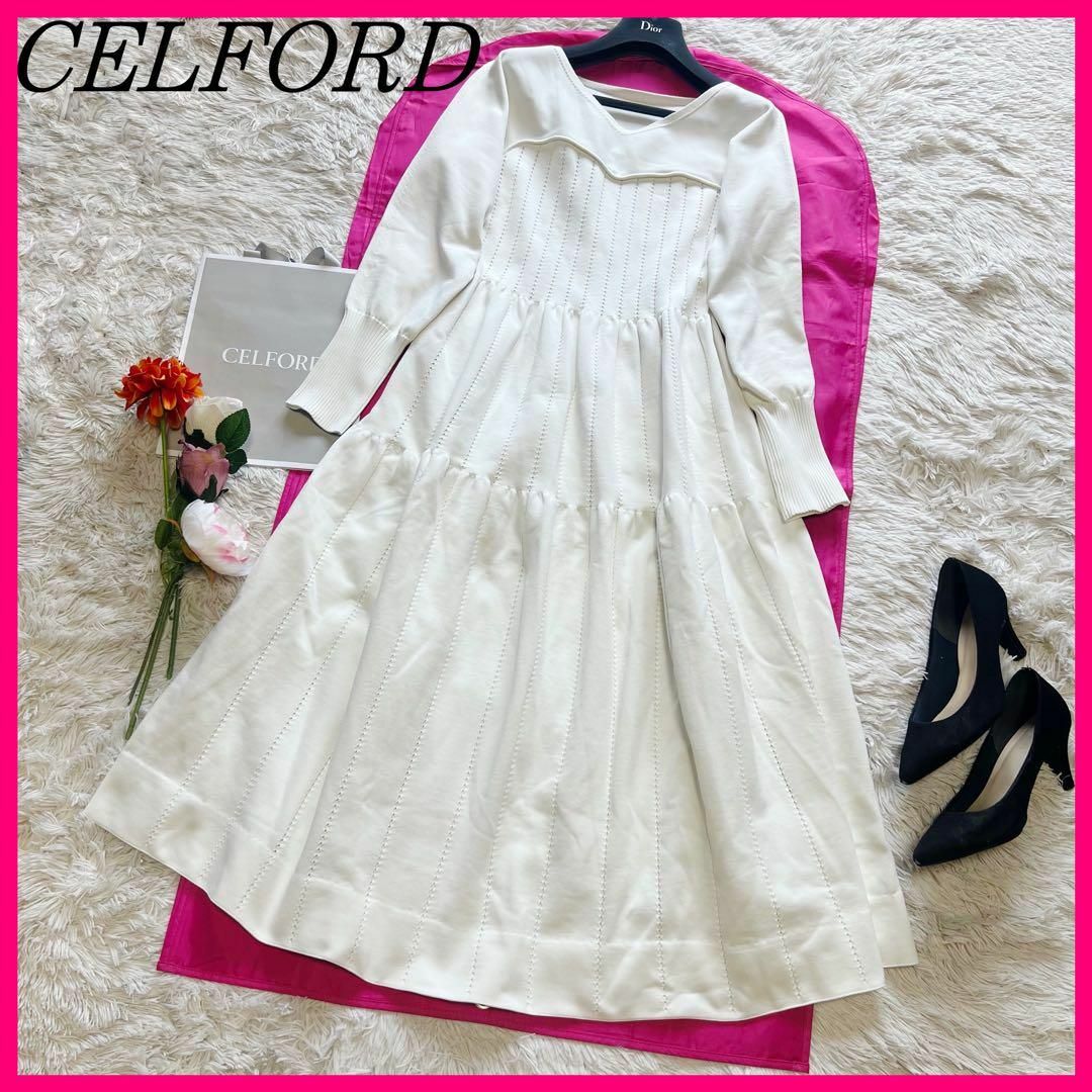 美品】CELFORD ロングワンピース ホワイト ホールガメント 38 美品】CELFORD ロングワンピース ホワイト ホールガメント 38