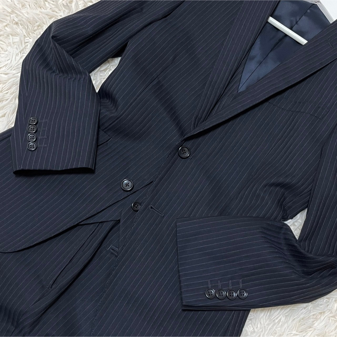 極美品✨スーツセレクト春夏スリーピースセットアップスーツMストライプ柄紺色 スーツセレクト スーツセットアップ スリーピース ネイビー