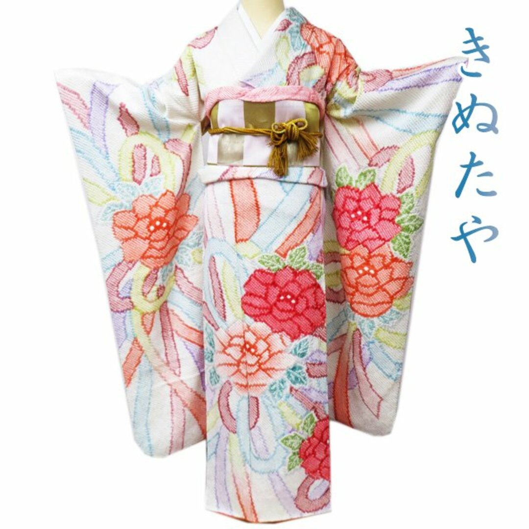 振袖 着物 中古 正絹 きぬたや 藤娘 総絞り 花模様 オフホワイト 振袖 着物 中古 正絹 きぬたや 藤娘 総絞り 花模様 オフホワイト