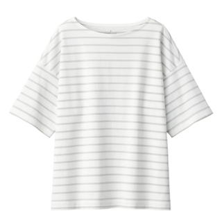 ムジルシリョウヒン(MUJI (無印良品))の【値下げ】無印良品　婦人S　ボーダーボートネック半袖Ｔシャツ　ライトグレー(Tシャツ(半袖/袖なし))