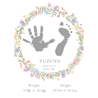 1歳記念【手形足型アート_フラワー①】3枚セット(手形/足形)