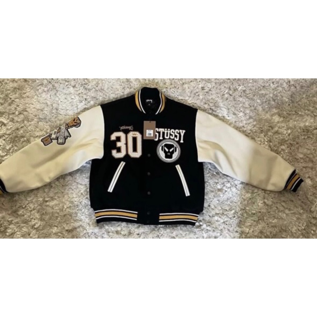 90's Stussy Big 4 Varsity Jacket Stüssy is an American privately held  fashion house founded in the early 1980s by Shawn Stussy. It benefited from  the surfwear trend originating in Orange County,