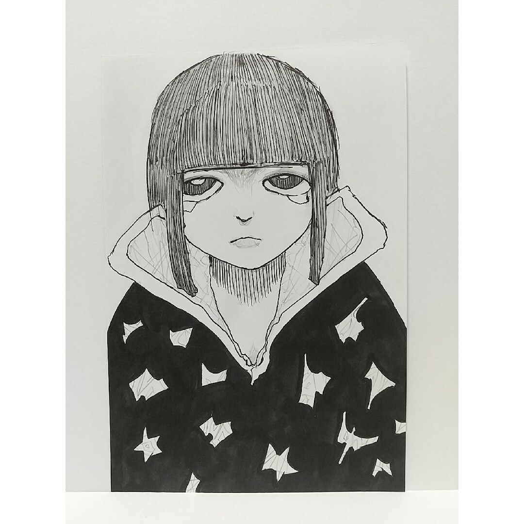 オリジナルイラスト 手描きイラスト 人 ハンドメイド 絵 モノクロ アート ハンドメイドのインテリア/家具(アート/写真)の商品写真