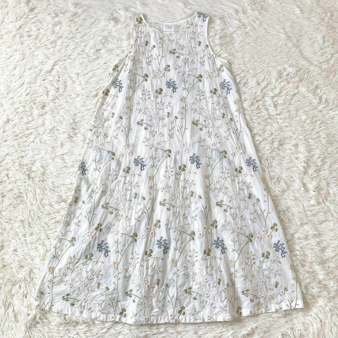 yuni - yuni 多色刺繍 草花柄 ロング ワンピース 白 F コットン yuni - yuni 多色刺繍 草花柄 ロング ワンピース 白 F コットン
