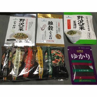 ヨウメイシュセイゾウ(養命酒製造)のツルヤ　 野沢菜ふりかけ　野沢菜茶漬け　雑穀ふりかけ、養命酒製造　五養粥、ゆかり(インスタント食品)