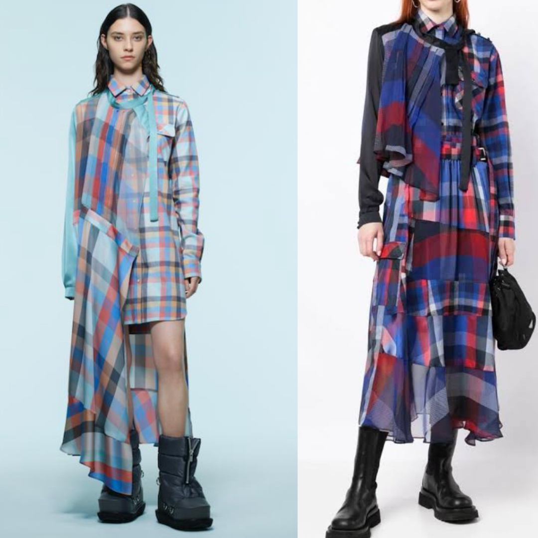 sacai - 新品同様 sacai チェック ドッキングワンピースの通販 sacai - 新品同様 sacai チェック ドッキングワンピースの通販
