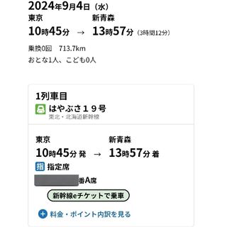 新幹線チケット　東京→新青森　eチケット特急券+乗車券(鉄道乗車券)