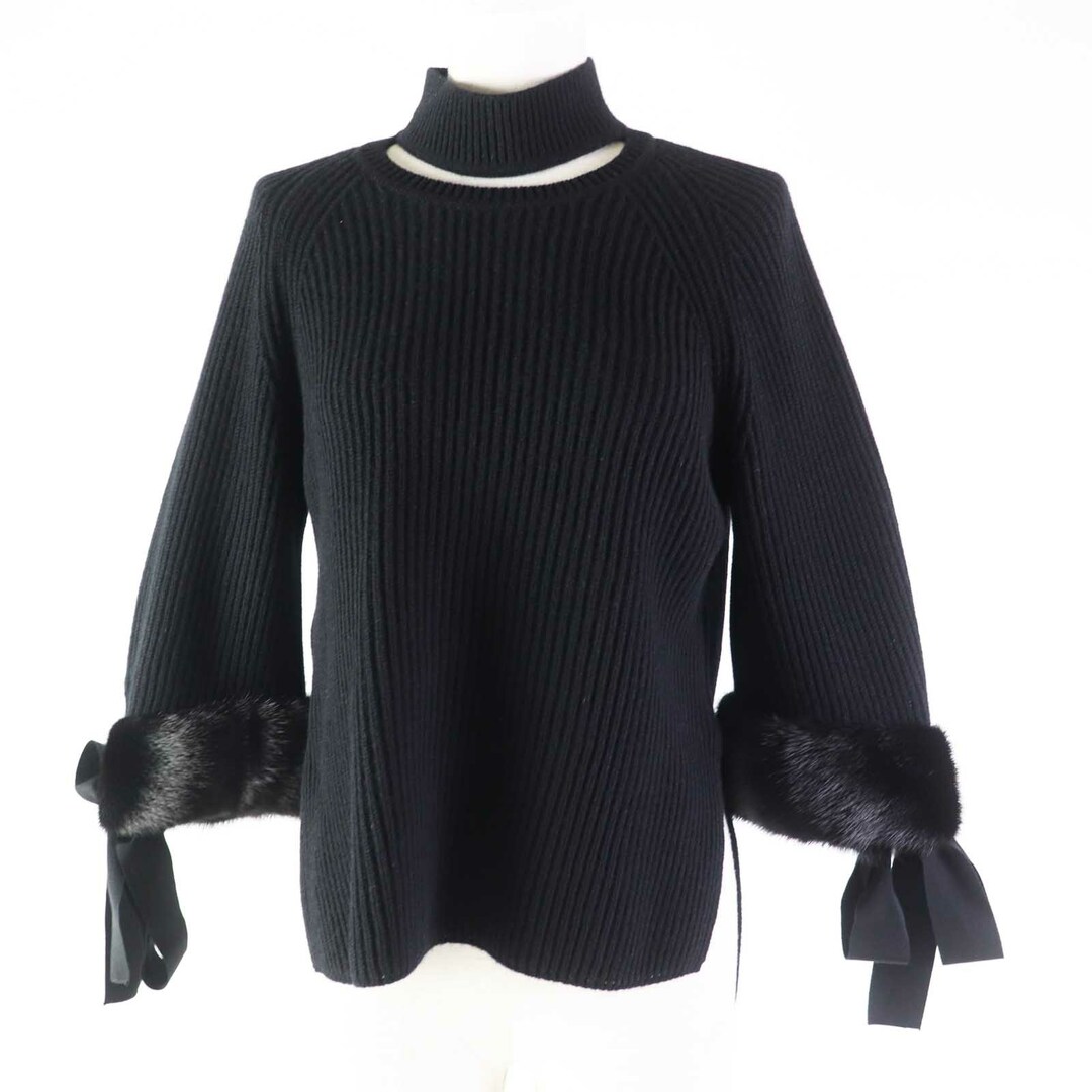 FENDI - 美品◎FENDI フェンディ 18年製 FZY545 カシミヤ100％ 袖ミンク・リボン付き 長袖ニットプルオーバー ブラック 36 イタリア製 正規品 レディース