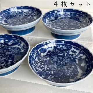 有田焼 - 有田焼 英祥窯 高台皿 4枚セット 輪花皿 コンポート 染 有田焼 - 有田焼 英祥窯 高台皿 4枚セット 輪花皿 コンポート 染