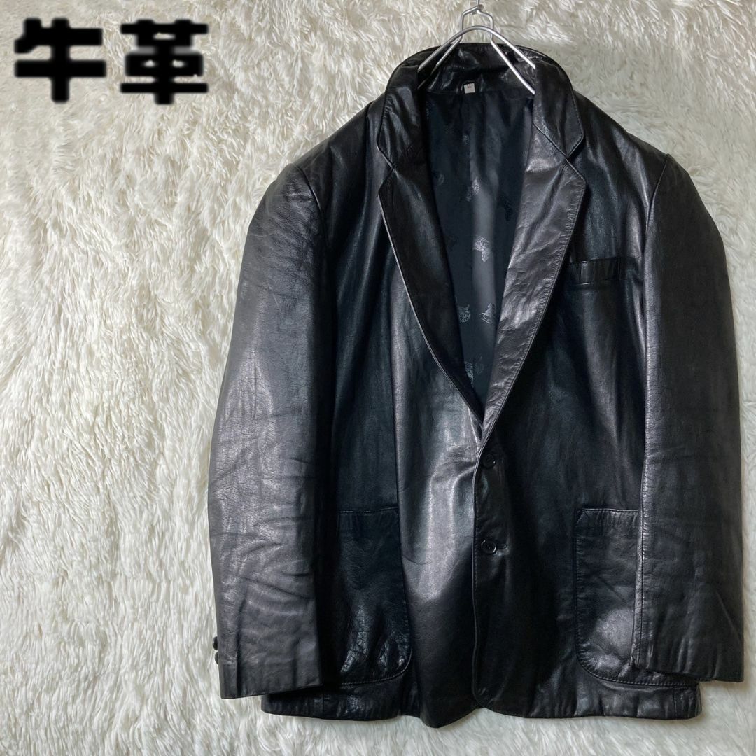 美品 レザー 牛革 テーラードジャケット 黒 ブラック LL XL 美品 レザー 牛革 テーラードジャケット 黒 ブラック LL XL