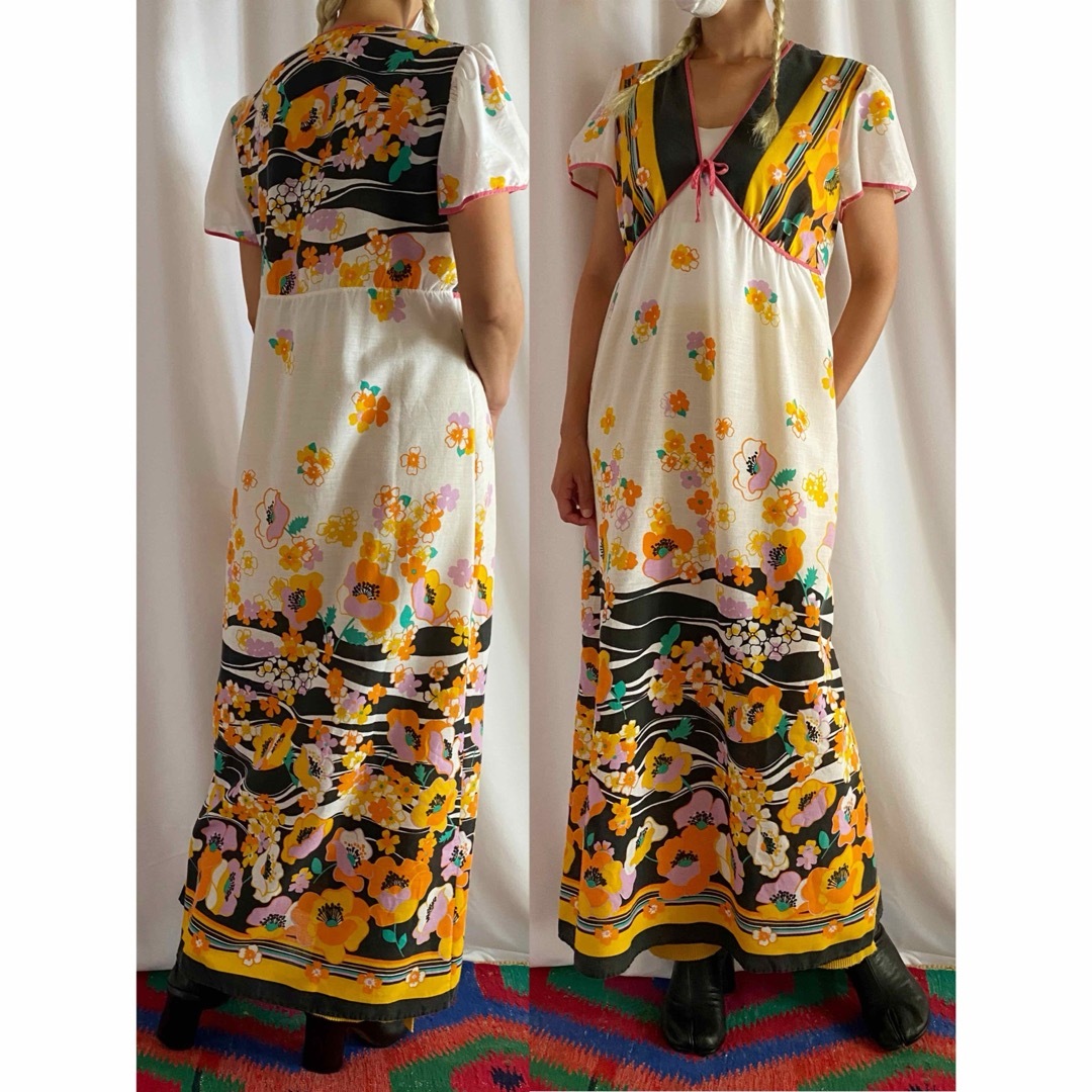 ビンテージ 70s ヨーロッパ 花柄 リボン マーメイド ワンピース ビンテージ 70s ヨーロッパ 花柄 リボン マーメイド ワンピース
