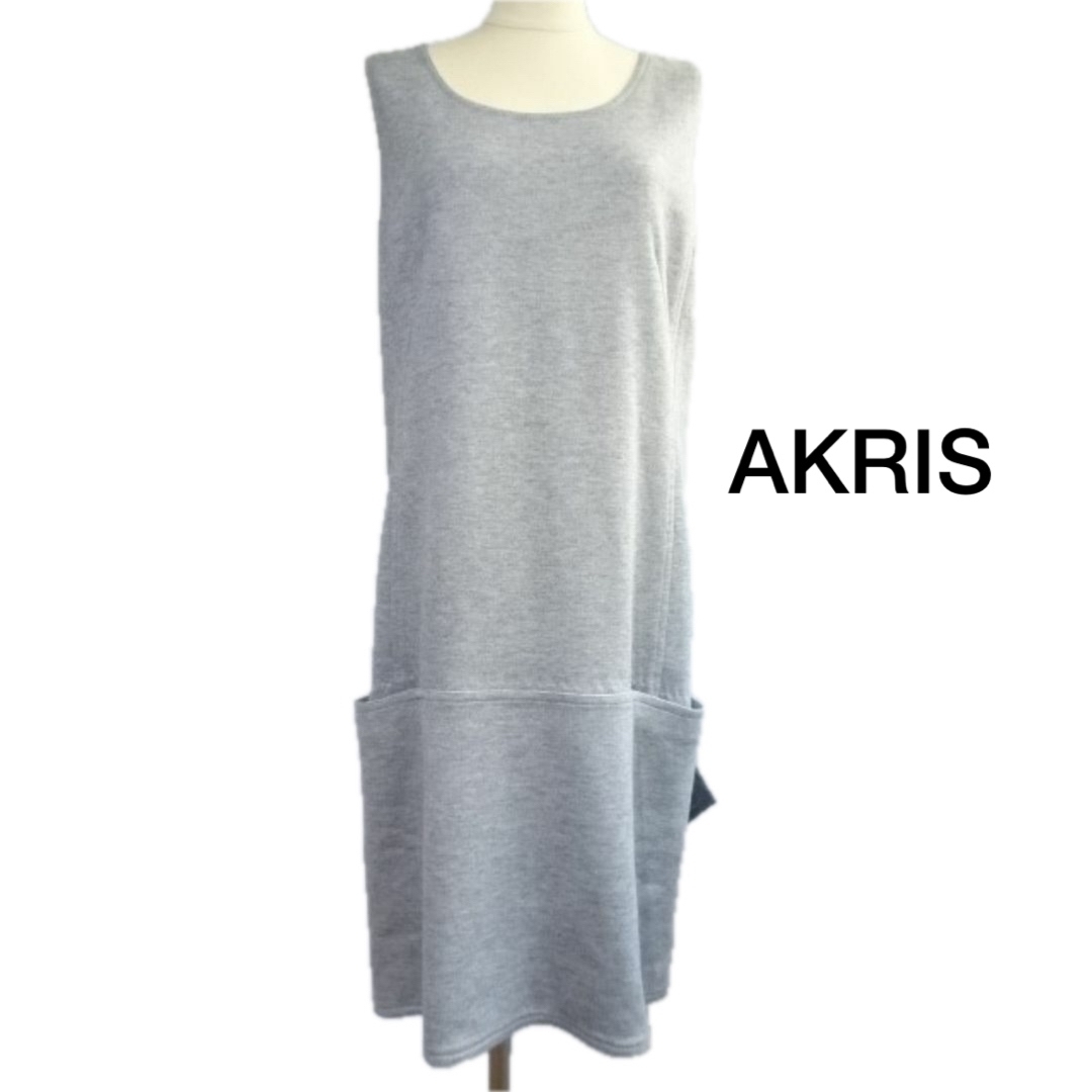 美品】AKRISアクリスワンピース42グレー コットンカシミヤ 美品】AKRISアクリスワンピース42グレー コットンカシミヤ