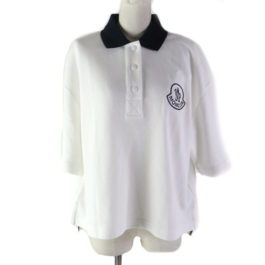 MONCLER - 未使用品★MONCLER モンクレール 22年製 SS POLO ロゴボタン付 ロゴプリント コットン100％ オーバーサイズ 半袖ポロシャツ ホワイト ネイビー M 正規品 レディース