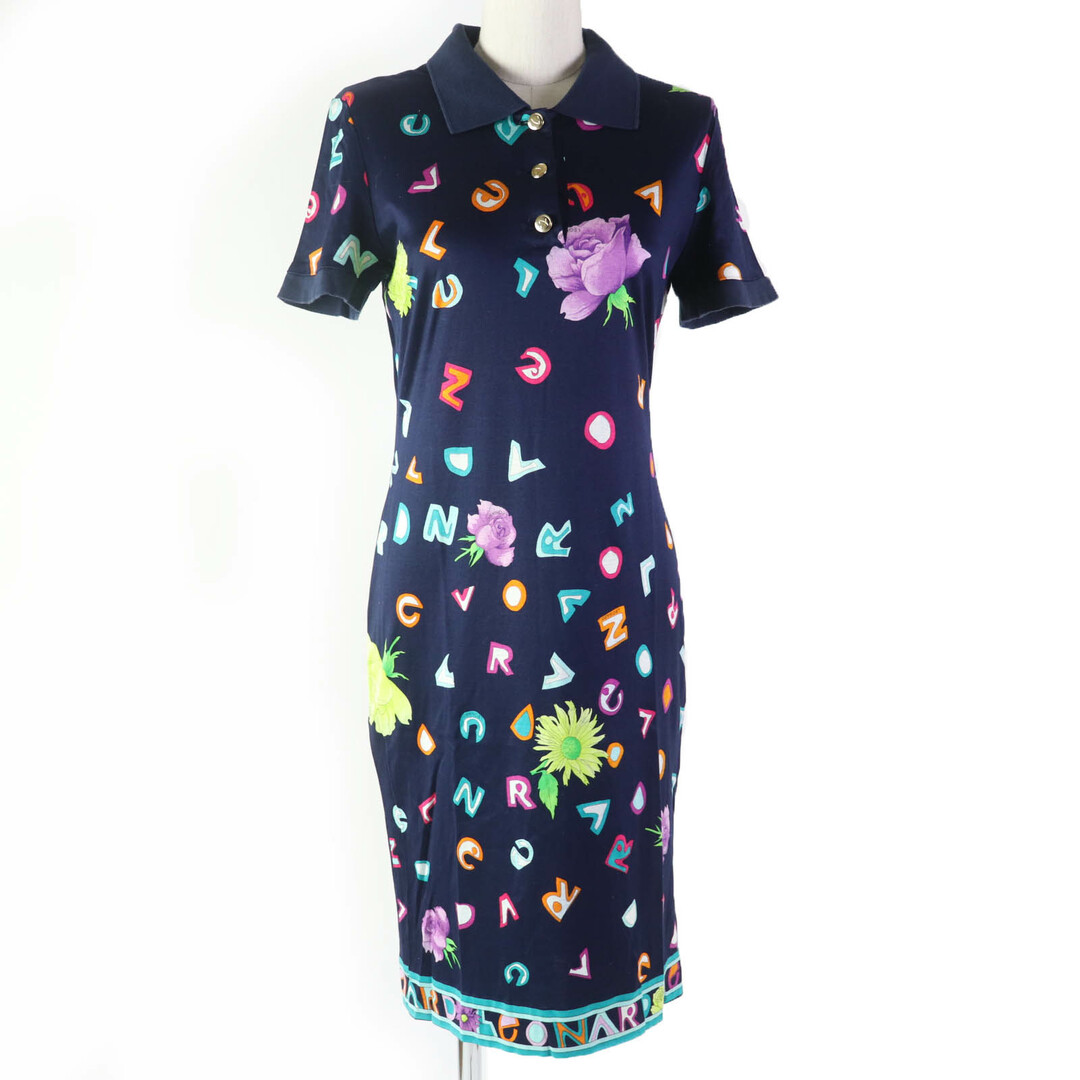 美品☆LEONARD FASHION レオナール ファッション 0330120 コットン100％ ロゴ・花柄デザイン 半袖 ワンピース ネイビー M 日本製 レディース