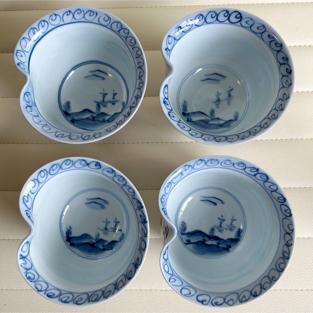 有田焼 - 有田焼 赤絵 染付山水 小鉢揃 4枚セット 変形鉢 古 有田焼 - 有田焼 赤絵 染付山水 小鉢揃 4枚セット 変形鉢 古