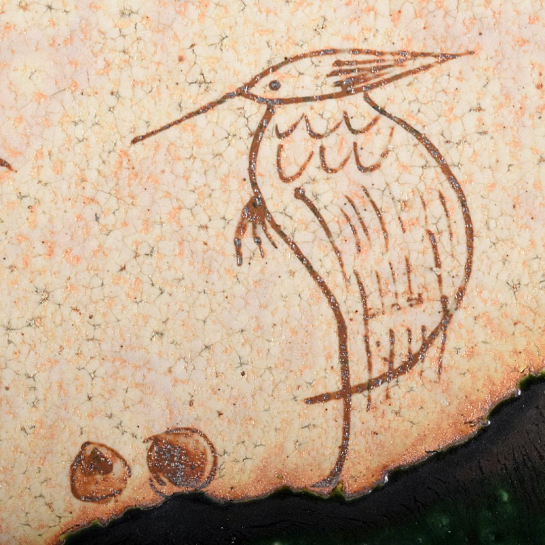 北大路魯山人作 織部焼 鳥絵 長四方皿 狙板 共布 極め箱 D