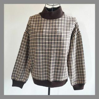 OLIVE des OLIVE ◆長袖ニット（M) チェック柄 モックネック 茶(トレーナー/スウェット)