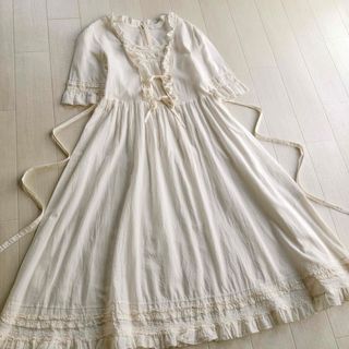 ピンクハウス(PINK HOUSE)のピンクハウス 生成色 綿ローン ピコフリル レース ミディ ワンピース(ロングワンピース/マキシワンピース)