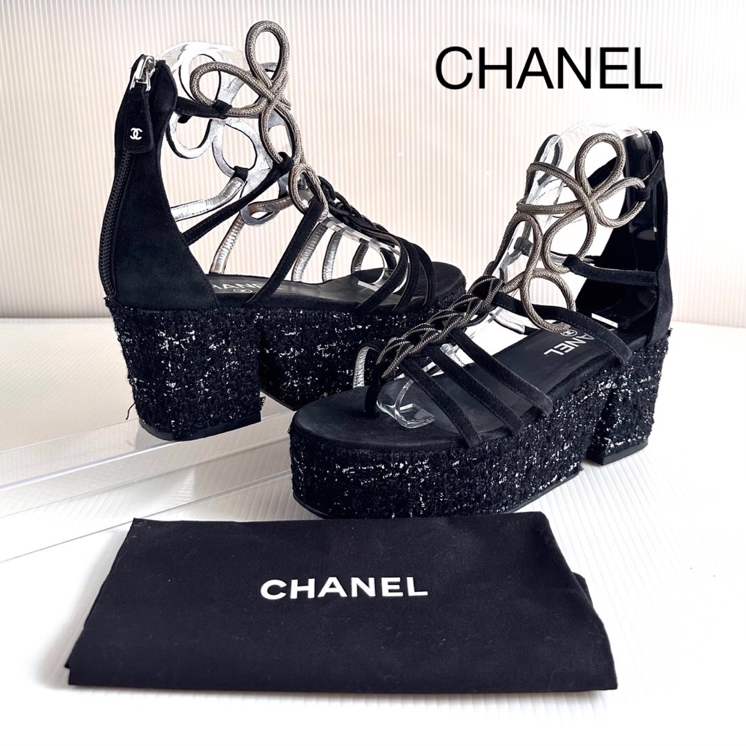 CHANEL - CHANEL シャネル ツイード ウェッジソール 厚底 レース CHANEL - CHANEL シャネル ツイード ウェッジソール 厚底 レース